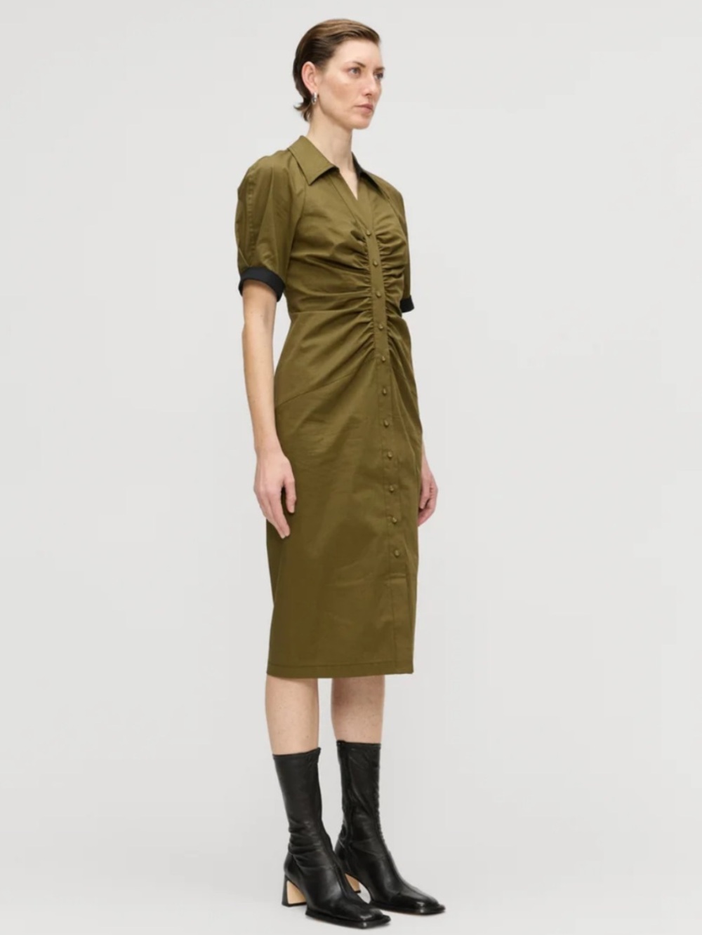 Diane Von Furstenberg Olive Green Midi Shirtdress with Black Contrast Cuffs